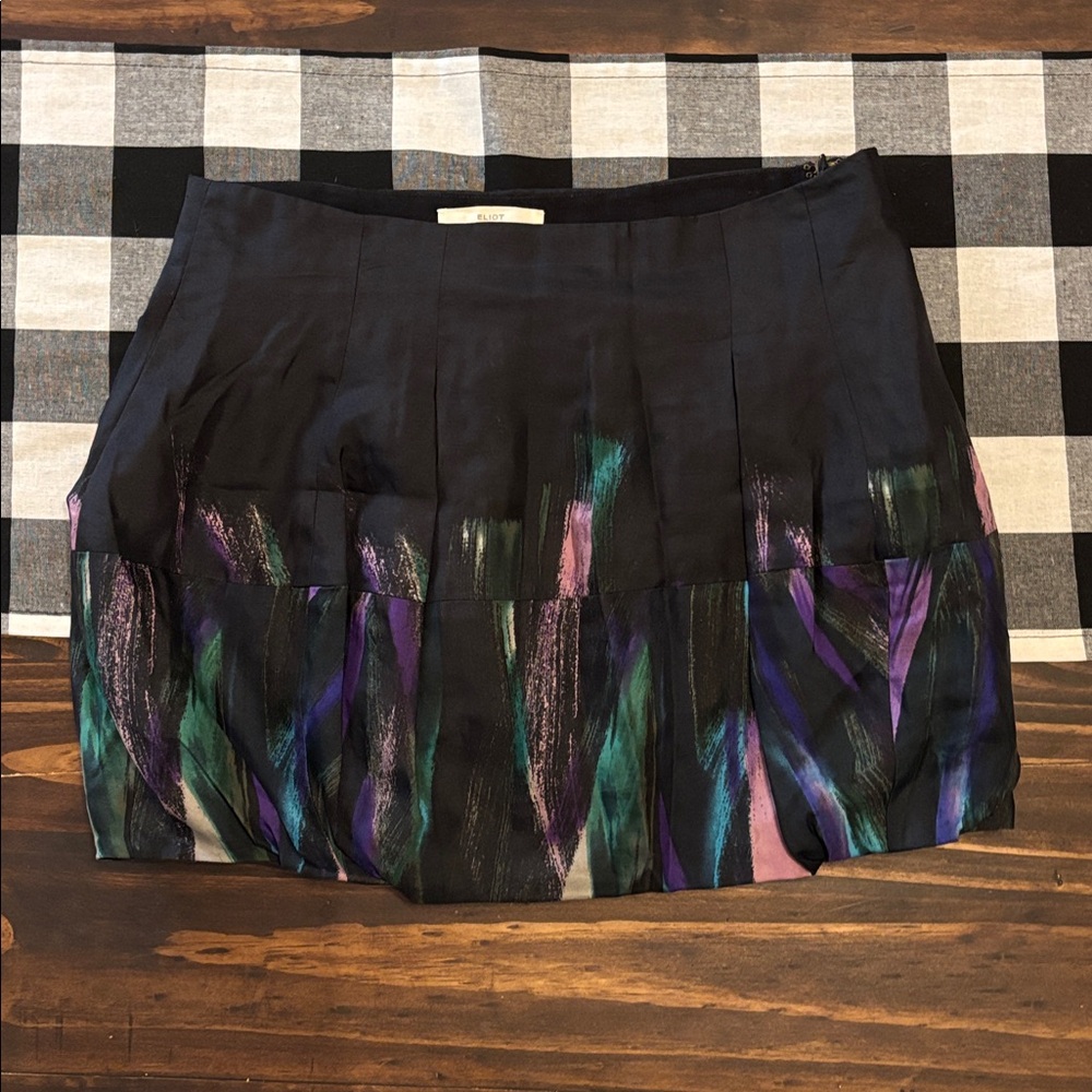 Madewell Eliot Black Silk Purple Green Brushstroke Print Bubble Mini Skirt 0